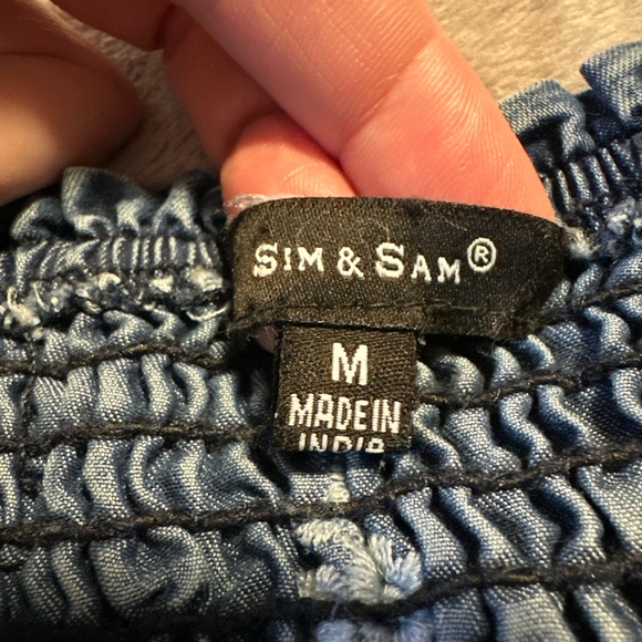 Sim & Sam Denim Puff Sleeve Top Medium Crop Boho Babydoll Western Festival Y2K - Picture 5 of 7